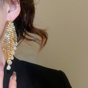 Detail of gold-plated drop earrings featuring mesh fringe and sparkling cubic zirconia stones