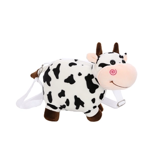 Cute cartoon cow plush crossbody bag for children featuring black and white spotted fur