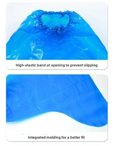 Detail of blue disposable shoe cover featuring high-elastic band and seamless molding