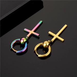 Polished stainless steel hoop earrings with cross pendants in gold and rainbow finish