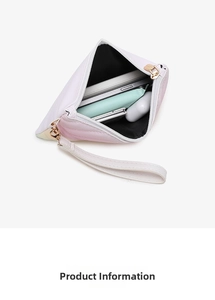 Detail of rainbow gradient quilted wallet showing inner capacity for phone and earphones