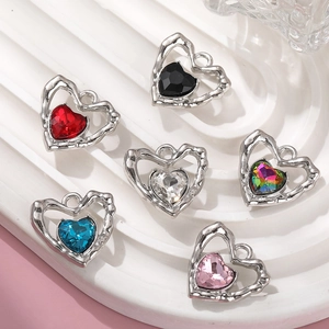 Eco-friendly alloy hollow heart pendants with colorful glass rhinestones for DIY jewelry making