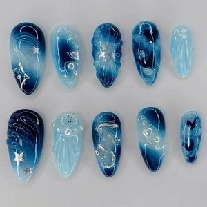 Galaxy Blue Gradient Press On Nails 3D Ripple Star Artificial Pearl Decoration Glitter Cat Eye Glossy Almond Shape For Women