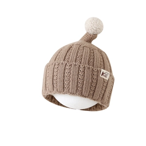 Toddler knitted pointed beanie with soft pom-pom in oatmeal color for winter warmth