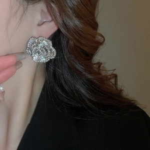 Detailed close-up of a silver rose earring with sparkling crystals on a model