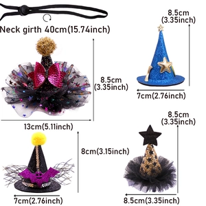 Set of 4 adjustable pet holiday hats for dogs and cats with size chart measurements