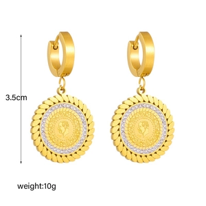 Vintage gold coin drop earrings with crystal accents and portrait design in 3.5cm size