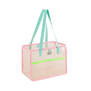 Mesh beach tote bag with pink trim and mint green handles for summer travel and shower