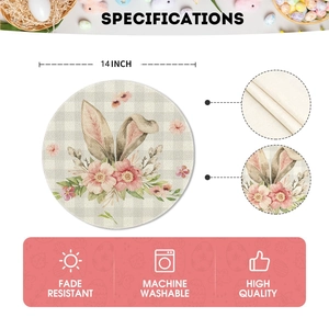 Detail showing 14 inch linen placemat with floral rabbit design and machine washable features