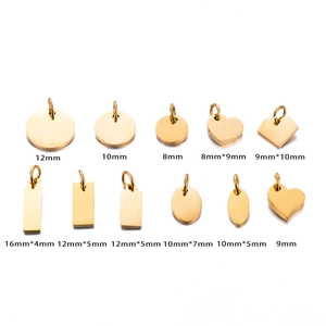 Detailed size guide for polished gold stainless steel pendants in various shapes