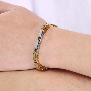 Detailed shot of two-tone Byzantine and rectangular link stainless steel bracelet on wrist