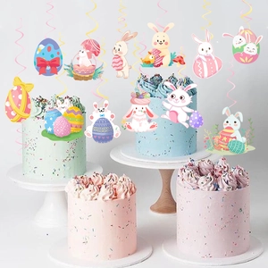 Easter party decoration set featuring cartoon bunny and egg hanging spirals over cakes