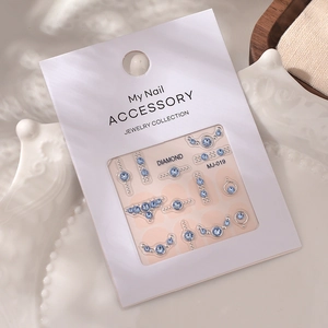 French manicure nail art set MJ-019 with blue and clear crystal rhinestones on white card