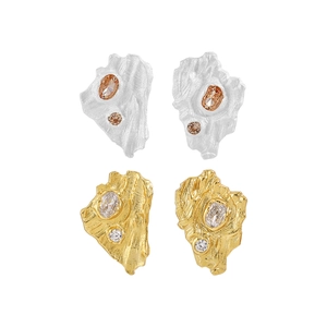 S925 sterling silver irregular square earrings with diamonds and lava texture finish