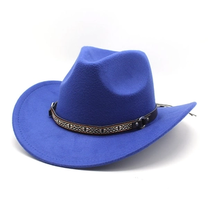 Close-up of royal blue cowboy hat with ethnic braided band and leather buckle