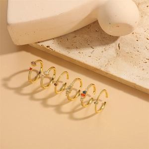 Set of 6 gold plated adjustable rings with colorful zircon stones in various shapes