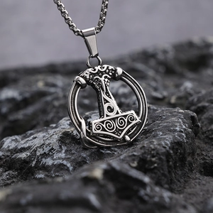 Vintage Thor's Hammer Mjölnir pendant necklace in polished stainless steel for men