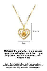 Detail view of gold heart rose pendant with crystal inlay and titanium steel chain dimensions