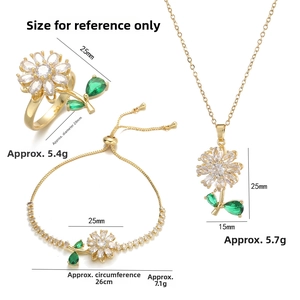 Three-piece gold daisy jewelry set including ring, bracelet, and pendant necklace dimensions