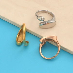 Three-piece set of polished stainless steel open rings in silver, gold, and rose gold finishes