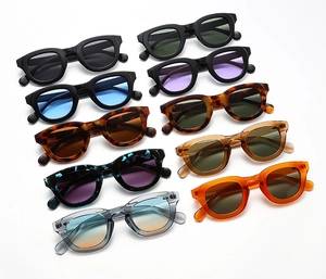 Multiple vintage thick square frame sunglasses in various colors displayed on white background