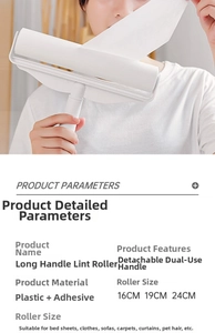 Detail of long handle lint roller showing easy paper peeling for pet hair removal