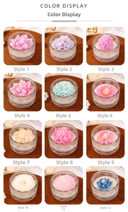 Detailed grid showing twelve assorted floral scented candles in embossed glass cups