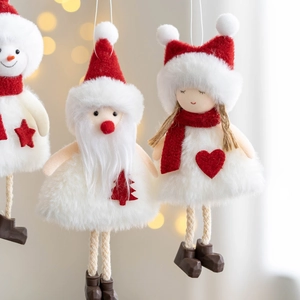 Plush Christmas tree hanging ornaments featuring Santa, Snowman and Reindeer dolls