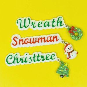 Detailed view of resin Christmas charms including wreath, snowman, and tree designs