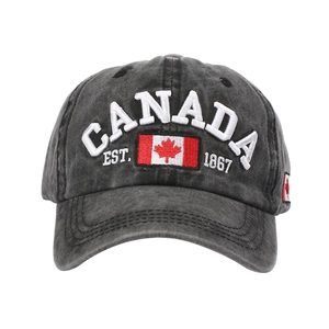 Close-up of vintage washed cotton baseball cap with 3D Canada embroidery and flag