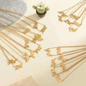 Gold stainless steel alphabet initial necklace with hollow butterfly pendant set for women