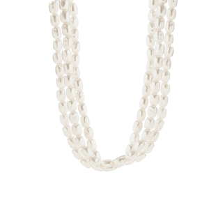 Detailed close-up of triple-layered white faux pearl necklace with glossy finish