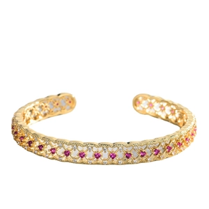 Elegant 18k gold plated open cuff bracelet with pink and white zircon gemstones