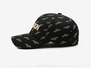 Side view of black baseball cap with all-over gold embroidery and 3D fashion lettering