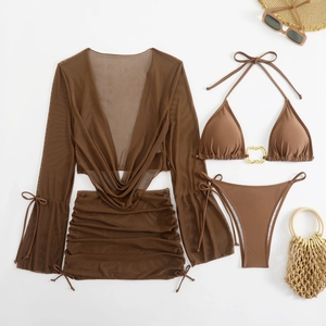 Macro detail of chocolate 4-piece bikini set with sheer mesh top and gold metal ring