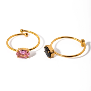 Adjustable 18k gold plated rings featuring pink and black oval cubic zirconia stones