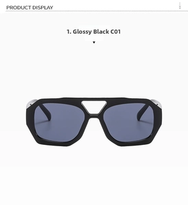 Front view of bright black polygon sunglasses with grey lenses and bridge cutout
