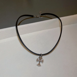 Dark style faux leather choker necklace featuring a vintage silver cross pendant and chain