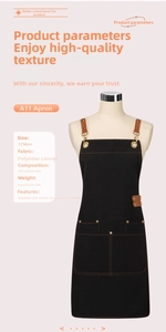 Detail of waterproof canvas apron with brown leather straps and metal buckles on a mannequin