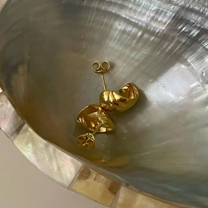 Macro detail of gold croissant stud earrings displayed in an elegant shell jewelry tray