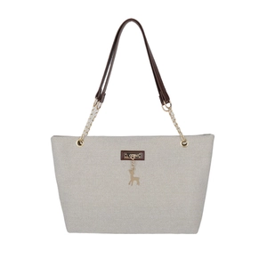 Large capacity nylon tote bag in beige with leather straps and gold deer pendant