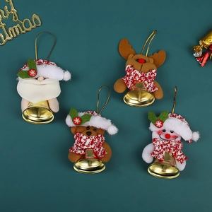 Set of 4 plush Christmas ornaments with Santa, reindeer, and bells on a green background