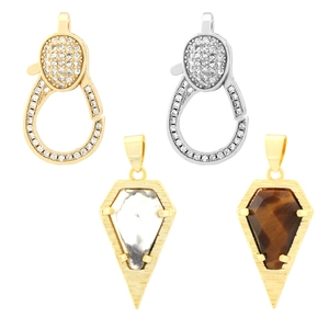 Gold-plated lobster clasp pendants with tiger eye and white stone in geometric shapes