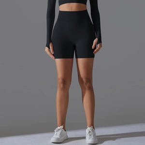 Front view of black high-waisted seamless yoga shorts with supportive ribbed waistband