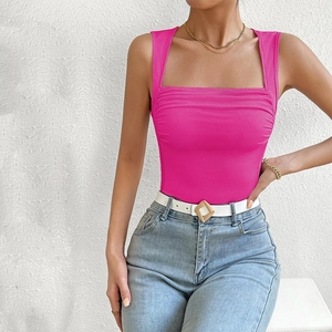 Detailed texture of rose red ribbed knit fabric on a slim square neck tank top