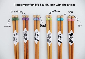 Detail of 6-pair Japanese wooden chopsticks set with cute family member cartoon heads