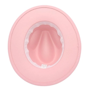 Internal view of pink fedora showing material composition label and inner sweatband detail