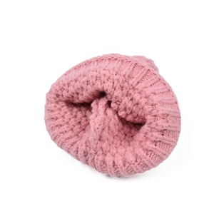 Pink winter knit beanie for kids with thick pineapple stitch texture on white background