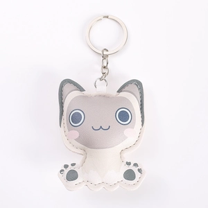 Detail of grey and white PU leather cartoon cat keychain with metallic ring and stitching