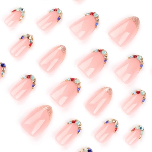 French style nude pink press-on nails with champagne gold glitter and colorful rhinestones